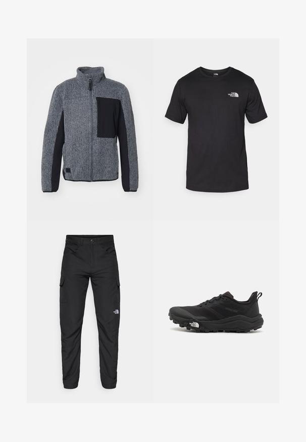 Casaco de malha cinza com corpo texturizado, mangas pretas e um bolso no peito. Apresenta um colarinho alto e um fecho éclair frontal.; T-shirt preto de manga curta feito de algodão, com um decote redondo e um pequeno logótipo branco na parte superior esquerda do peito.; The North Face HORIZON PANT - Calças para exterior - black; Sapatilha de trail running preta com um upper texturizado, sola de borracha e biqueira reforçada. Possui um colarinho acolchoado e uma alça para facilitar o calçar.