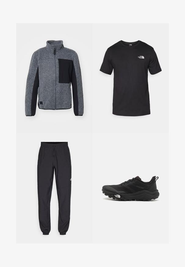 Siva pletena jakna z teksturiranim telesom, črnimi rokavi in žepom na prsih. Ima visok ovratnik in sprednji zadrgo.; Črna kratko sleeved majica iz bombaža, s krožnim izrezom in majhnim belim logotipom na zgornjem levem delu prsnega koša.; Črne atletske hlače iz lahkega materiala, ki imajo elastični pas z vezalko, stranske žepe in zožene manšete na gležnjih.; Črne tekaške čevlje za trail s teksturirano zgornjega dela, gumijastim podplatom in ojačanim zaključkom prstov. Vključuje oblazinjen ovratnik in zanko za enostavno obuvanje.