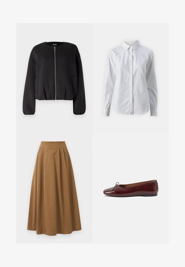 ONLY ONLELLIE JACKET - Bomber Jacket - black; White button-up shirt made of smooth cotton, featuring a classic collar, long sleeves, and a curved hem. Buttons are small and white.; Brown cotton A-line skirt with a high waist, featuring pleats down the front and a smooth texture. Hem finishes are clean and simple.; Burgundy patent leather ballet flat with a rounded toe, small bow accent at the front, and a low, black rubber sole. Smooth texture.