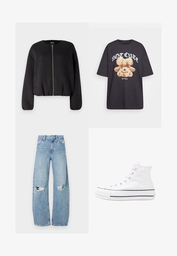 ONLY ONLELLIE JACKET - Bomberjacke - black; Schwarzes, übergroßes T-Shirt mit einem Grafikdruck eines Bären und dem Text "NICHT SÜß, SONDERN WILD" in fetter, weißer Schrift. Baumwollmaterial.; Helles, hochtailliertes Jeans aus Denim. Hat weit geschnittene Beine, zwei aufgerissene Kniebereiche und klassischen Fünf-Taschen-Stil.; Weiße hochwertige Leinensneaker mit schwarzer Gummisohle, vorderem Gummizehenschutz und sechs Ösen für Schnürsenkel, die ein sauberes, minimalistisches Design aufweisen.