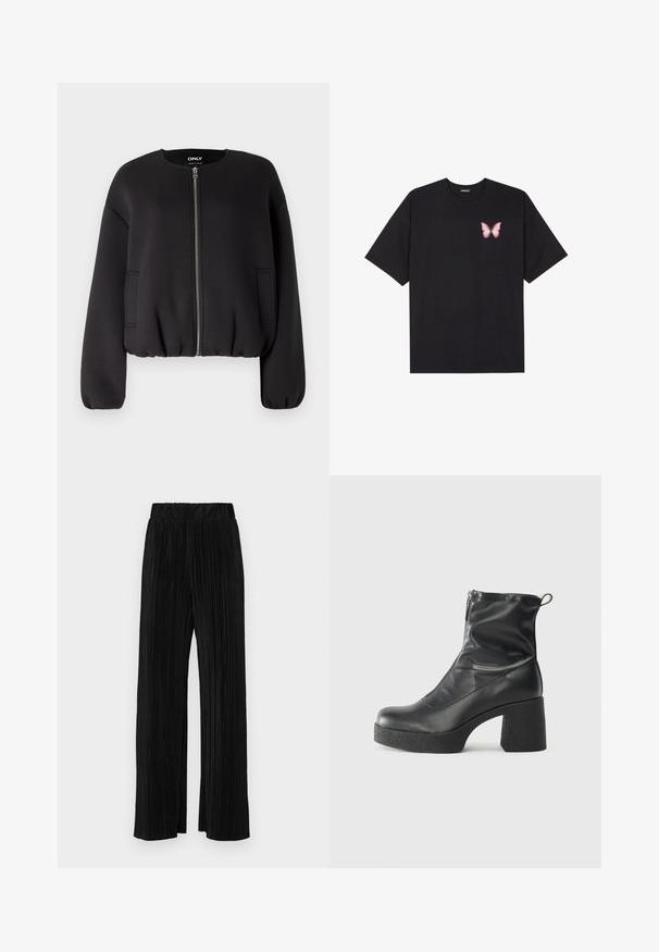 ONLY ONLELLIE JACKET - Bomber bunda - black; Černé bavlněné tričko s krátkým rukávem, na levém prsou s malou grafikou růžové motýlky. Design s kruhovým výstřihem a volným střihem.; Černé plisované kalhoty s elastickým pasem. Mají široké nohavice a hladkou, strukturovanou tkaninu s vertikálními pruhy.; Černé kotníkové boty vyrobené z hladké kůže, s bočním zipem, robustním strukturovaným podpatkem a kulatou špičkou.