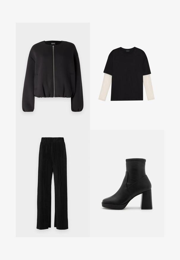 ONLY ONLELLIE JACKET - Bomberjacke - black; Schwarzes T-Shirt aus Baumwolle mit kurzen Ärmeln über einer weißen Langarmschicht, die ein dezentes strukturiertes Muster aufweist. Rundhalsausschnitt.; Schwarze plissierte Hose mit elastischem Bund. Verfügt über weite Hosenbeine und einen glatten, strukturierten Stoff mit vertikalen Streifen.; Schwarze Lederstiefelette mit hohem Blockabsatz, glatter Textur und eng anliegendem Schaft. Verfügt über ein nahtloses Design ohne sichtbare Verschlüsse.