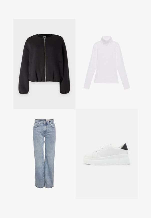 ONLY ONLELLIE JACKET  - Blouson Bomber - black; Haut à col roulé à manches longues blanc, fabriqué en tissu lisse et extensible. Il présente un col haut et une coupe ajustée, sans motifs ni embellissements visibles.; Jeans larges bleu clair en denim, dotés d'une taille haute, d'un design à cinq poches et d'un léger dégradé pour un aspect usé.; Baskets plates blanches en matériau synthétique lisse, avec un bout arrondi, un design à lacets et une semelle en caoutchouc texturé. Accent de talon noir.