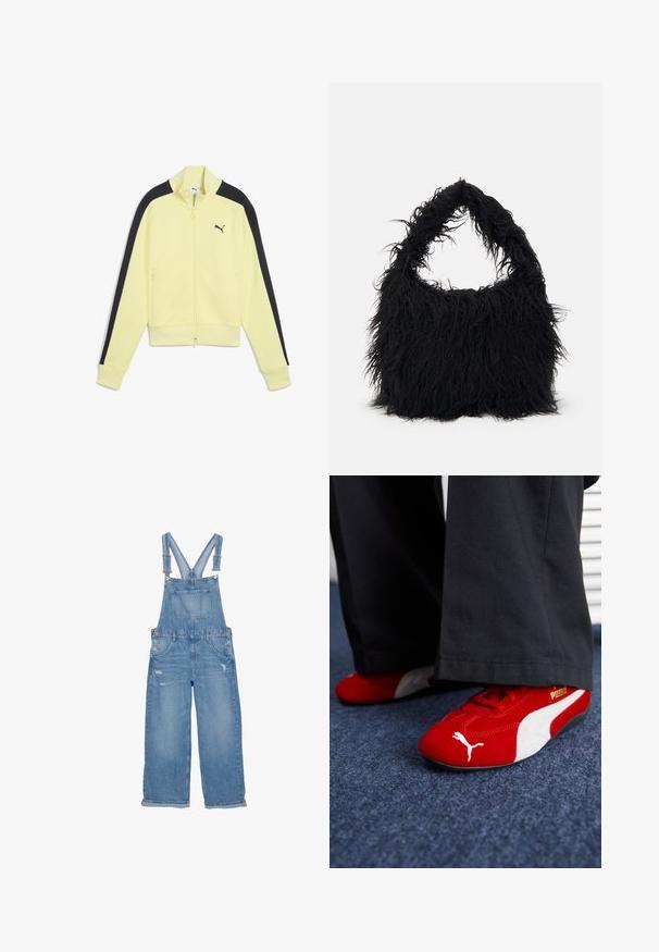 Gul zip-jacka med svarta sidodelar, ribbade ärmar och en liten svart logotyp på vänster bröst. Har två framfickor med dragkedja.; Vit långärmad topp gjord av mjukt, slätt tyg. Har rund halsringning och smal passform med minimala sömnadsdetaljer.; Denimklänning i ljusblått med justerbara remmar, frontfickor, sidoknappar och slitningar på benen.; Röda mockasko sneakers med vita accenter, med texturerat material, rund tå och en gul logotyp på sidan, bärs med svarta byxor.; Even&Odd Shoppingväska - black