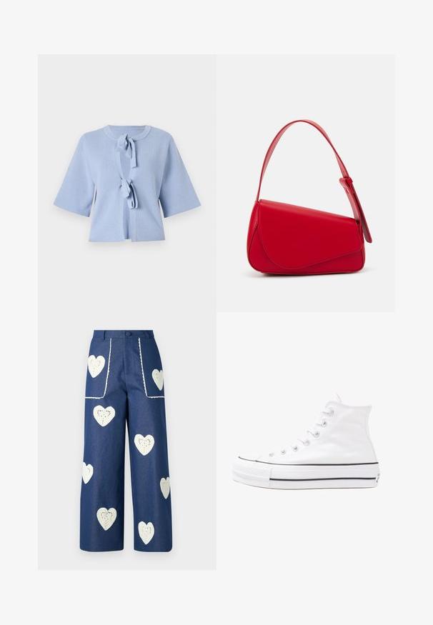 Svijetloplava pletiva kardigan s kratkim rukavima, okruglim izrezom i prednjim vezanjem. Teksturirana tkanina s rebrastim detaljima.; Cvjetna bluza s dugim napuhanim rukavima, svijetlo krem osnova, s ljubičastim, narančastim i zelenim cvjetnim uzorcima, te klasičnim dizajnom ovratnika.; Sister Jane HEART TO HEART - Traperice ravnih nogavica - blue denim; Bijela visoka platnena tenisica s crnom gumenom potplatom, prednjim gumenim zaštitnikom prstiju i šest rupa za vezanje, s čistim, minimalističkim dizajnom.; Crvena kožna torba s kutnim, geometrijskim dizajnom. Ima jedan podesivi remen i preklopni zatvarač sa šivenim detaljima.