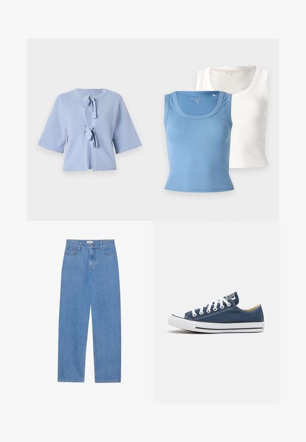 Svijetloplava pletiva kardigan s kratkim rukavima, okruglim izrezom i prednjim vezanjem. Teksturirana tkanina s rebrastim detaljima.; Dva rebrasta topa: jedan svijetlo plave boje i jedan bijeli. Oba imaju okrugli izrez i usku siluetu, naglašavajući teksturu tkanine.; Svijetloplave traperice ravnog kroja, s dizajnom od pet džepova, zatvorenjem na jedan gumb i suptilnim detaljima šivanja na šavovima.; Platnene tenisice u tamnoplavoj boji s bijelim rupicama i vezicama, s bijelim gumiranim vrhom prsti i crnom prugom duž potplata.