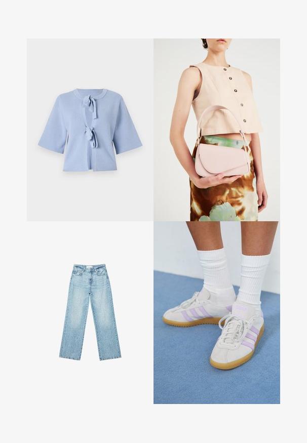 Svijetloplava pletiva kardigan s kratkim rukavima, okruglim izrezom i prednjim vezanjem. Teksturirana tkanina s rebrastim detaljima.; Bijela majica kratkih rukava s opuštenim krojem i nabrano teksturom na struku. Izrađena od mekog, laganog materijala.; Svijetloplave široke traperice s visokim strukom, s izbljeđenim pranjem i malim, raštrkanim oštećenjima na cijeloj površini.; Svijetlosivi nubuk tenisica s tri ljubičaste pruge, gumeni potplat, ravne vezice i bijele rebraste čarape. Postavljene na plavu pozadinu.; Ružičasta kožna torba s zakrivljenim poklopcem, jednim remenom za rame i čistim linijama. Torba ima glatku teksturu i minimalistički dizajn.
