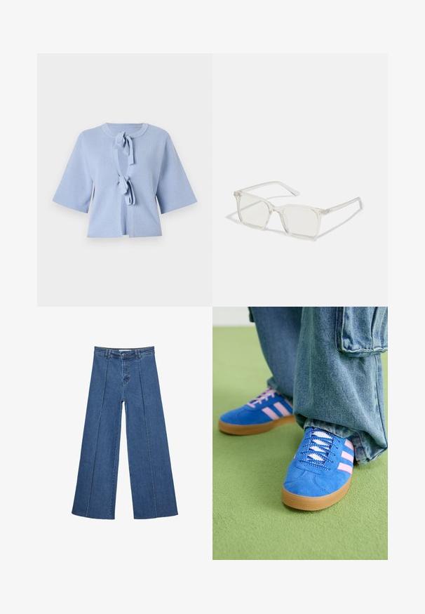 Hellblauer gestrickter Cardigan mit kurzen Ärmeln, einem runden Ausschnitt und einem vorderen Bindeverschluss. Texturiertes Material mit gerippten Details.; Weißes T-Shirt mit kurzen Ärmeln, lockerer Passform und gerafftem Stoff an der Taille. Aus weichem, leichtem Material gefertigt.; Weite Jeans aus Denim in Mittelblau, mit hoher Taille, Knopfverschluss und kontrastierenden vertikalen Nahtdetails an der Vorderseite.; Blaue Wildlederschuhe mit rosa Streifen und weißen Schnürsenkeln, ausgestattet mit einer Gummisohle, kombiniert mit lockeren Jeanshosen auf einer grünen Fläche.; Klare, quadratische Kunststoffbrillen mit durchsichtigen Gläsern, die goldene Akzente an den Bügeln für zusätzliche Details aufweisen.