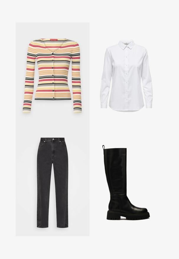Cardigan à manches longues côtelé avec des rayures horizontales multicolores en rouge, jaune, noir et blanc, avec un col en V et six boutons sur le devant.; Chemise blanche à manches longues, dotée d'un col structuré et d'un ourlet arrondi. Fabriquée à partir d'un tissu lisse et uni, sans motifs ni accents visibles.; Jeans en denim noir à jambe droite avec taille haute, bouton et fermeture éclair à l'avant, et style cinq poches sur fond blanc.; Bottes en cuir noires montantes jusqu'au genou, avec un design épuré, un bout arrondi et une semelle en caoutchouc épaisse dotée de rainures profondes et d'une languette en haut.