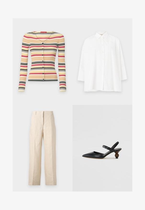 Cămașă cardigan cu mânecă lungă și textură ribbed, având dungi orizontale multicolore în roșu, galben, negru și alb, cu decolteu în V și șase nasturi pe față.; Cămașă albă cu nasturi, cu guler clasic, mâneci lungi și o croială lejeră. Material din bumbac fin, fără modele sau accente vizibile.; Pantaloni din in bej cu croială lejeră, cu față pliată și picioare drepte. Prezintă un brâu cu bucle pentru curea și fără buzunare vizibile.; Sandal din piele neagră cu vârf ascuțit, design curbat și toc rotund asemănător cu lemnul. Dispune de o curea îngustă la gleznă.