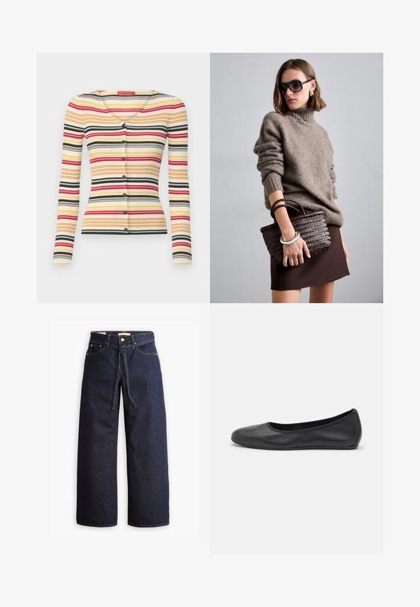Ribbed long-sleeve cardigan featuring multicolored horizontal stripes in red, yellow, black, and white, with a V-neck and six buttons down the front.; White cotton t-shirt with a crew neckline and short sleeves, featuring a relaxed fit and minimalistic design. Tag visible at the neck.; Wide-leg dark blue denim jeans with a high waist, featuring a drawstring tie, five pockets, and contrasting stitching details.; Black leather ballet flat with a rounded toe, smooth texture, minimal stitching detail, and a flexible sole design.; DRAGON DIFFUSION MINI FLAT GORA - Handbag - dark brown