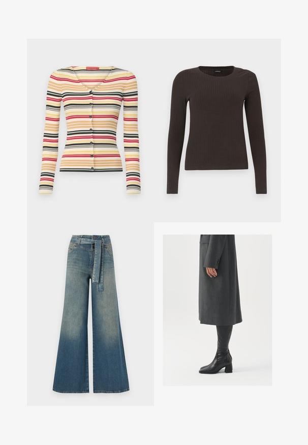 Cardigan à manches longues côtelé avec des rayures horizontales multicolores en rouge, jaune, noir et blanc, avec un col en V et six boutons sur le devant.; Un haut marron à manches longues en rib avec un col rond. Fabriqué dans un matériau lisse et extensible, il présente une silhouette ajustée et un minimum de détails.; Pantalons en denim à jambe large présentant un dégradé de bleu clair à bleu foncé, taille haute, passants de ceinture et une ceinture en tissu assortie. Finition en denim texturé.; Manteau gris taillé à coupe droite ; associé à des bottes en cuir noir jusqu'au genou avec un bout carré et un talon épais.