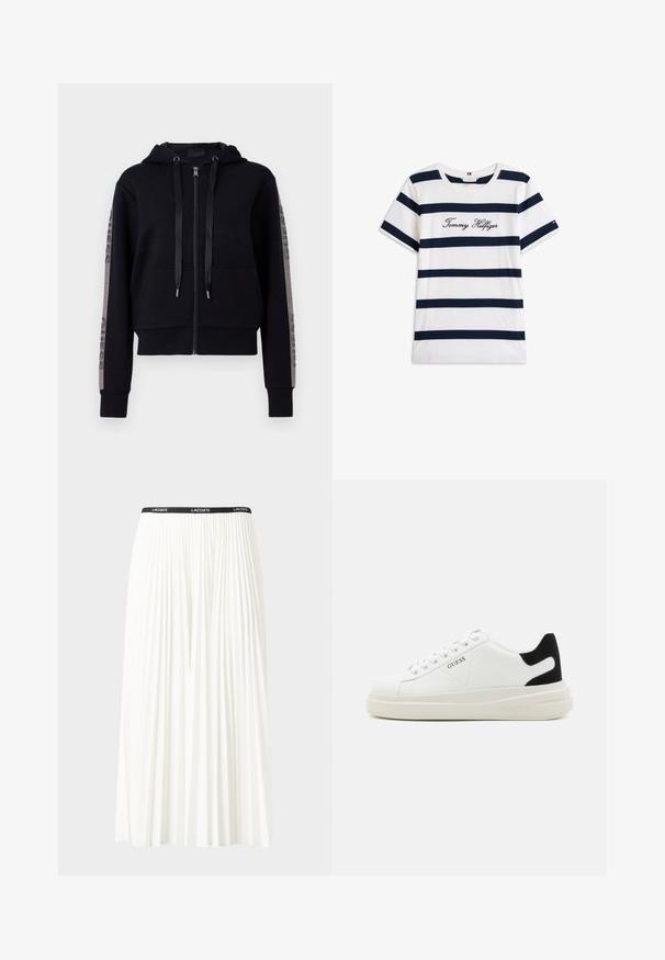 Černá zipová mikina s kapucí, dvěma předními kapsami a dekorativním kovovým akcentem podél rukávů. Hladká tkanina, ležérní zkrácený design.; Bavlněné tričko s horizontálními námořnickými pruhy na bílém pozadí. Na hrudi je výšivka "Tommy Hilfiger" v kurzívě. Kulatý výstřih.; Záhybová bílá sukně s černým elastickým pasem s logem "LACOSTE". Suška je střední délky a má jemnou texturu.; Bílé kožené tenisky s tlustou bílou podrážkou, černým semišovým akcentem na patě a vyraženým logem na boku. Šněrovací design se šesti očka.