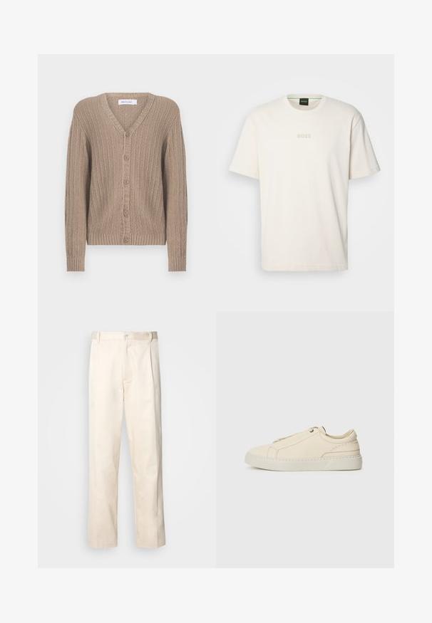 Pulover z V-izrezom in gumbi v svetlo rjavi pletenini. Ima rebrasto teksturo in manšete ter pet gumbov spredaj.; BOSS TEE - Navadna majica - open white; Bež cottone hlače s ravnim krojem, ki imajo gumbasto zapiranje in nabore spredaj za dodatne detajle.; Bež usnjeni športni copat s zaobljenim nosom, minimalistična zasnova, subtilne šivane podrobnosti in teksturirana zgornja stran, na svetlem podplatu.