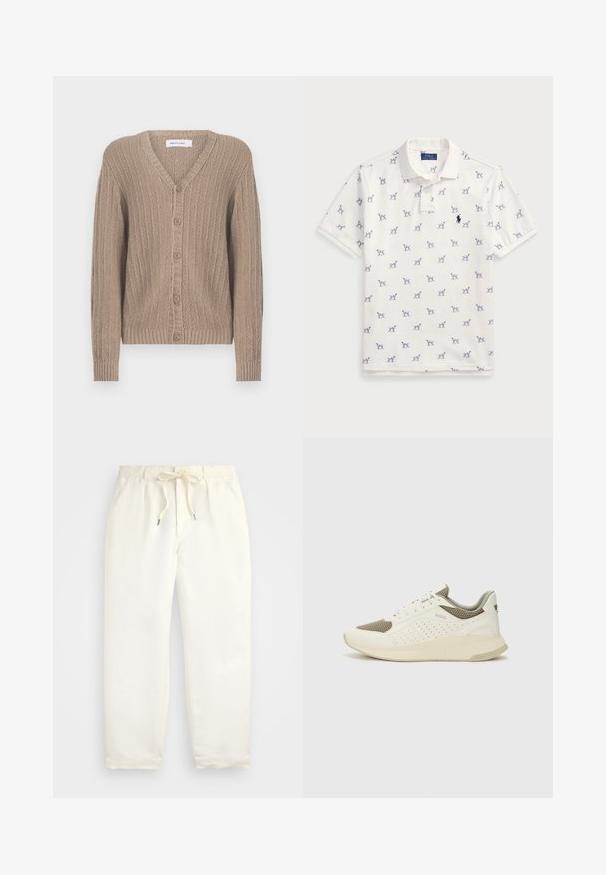 Šviesiai ruda trikotažinė v-kaklo, mygtukais užsegama megztinys. Pasižymi rupiu paviršiumi ir rankogaliais, ant priekio turi penkis mygtukus.; Balta polo marškiniai, pagaminti iš medvilnės, su pasikartojančiu mėlynu šunų raštu ir mažuoju mėlynu logotipu ant krūtinės. Trumpomis rankovėmis ir apykakle.; Šviesiai kreminės spalvos, laisvalaikio kelnės iš minkštos medžiagos. Turi elastinį juosmenį su raišteliais ir siaurėjantį kojų dizainą.; Baltas ir šviesiai bežinis sportinis kedas, su tinklo viršumi, perforuotais detalėmis ir tekstūruotu tarpine su logotipu ant kulno.