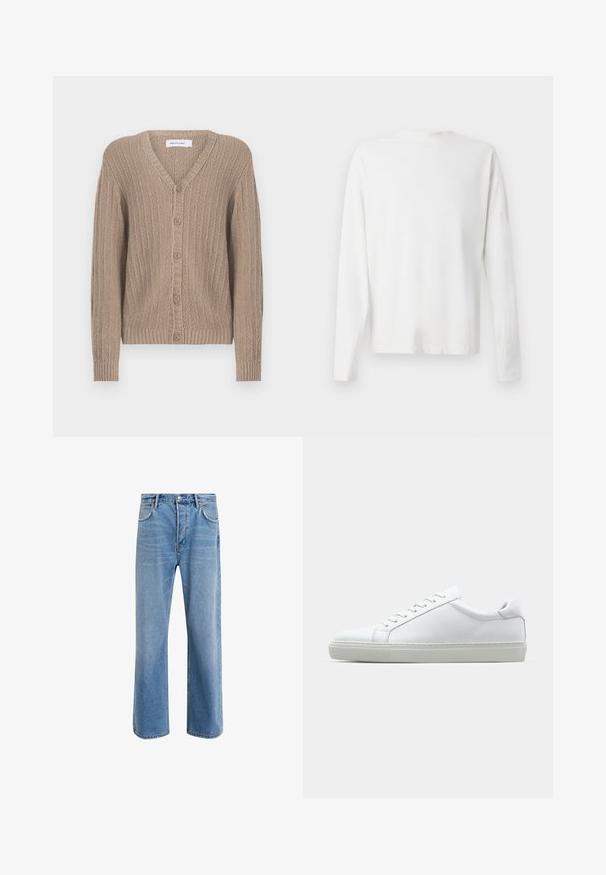V-ringad knapp-up cardigan i ljusbrun stickad. Har ribbad struktur och muddar med fem knappar framtill.; Vit långärmad skjorta i bomull med rund halsringning, sidofickor längst ner och en slät yta, visad bakifrån.; Ljust blå denimjeans med rak passform, fem fickor, knappstängning, minimal blekning och kontrasterande sömdetaljer.; Vit sneaker med en slät läderövre och låg profil. Har en rundad tå, sex snörhål och en strukturerad gummisula.
