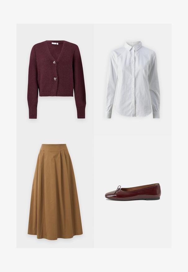 Burgundia kudumüts, V-kaelusega, pikkade varrukatega ja kahe dekoratiivse lillekujuliselt nööbiga ees. Lühendatud disain.; Valge nööpidega särk, mis on valmistatud siledast puuvillast. Särgil on klassikaline krae, pikad varrukad ja kaarduv äär. Nöödid on väikesed ja valged.; Pruun puuvillane A-line seelik kõrge vöökohaga, millel on voldid ees ja sile tekstuur. Pika serva viimistlus on puhas ja lihtne.; Burgundi patendnahk kingad balletitüüpi, ümmarguse ninaosa, ees väike paelaaktsent ja madal must kummist tald. Sile tekstuur.