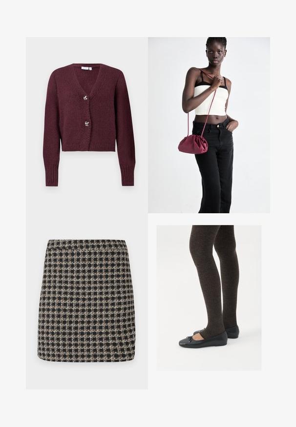 Burgundy neulekardigan med V-hals, lange ermer og to dekorative blomsterformede knapper foran. Kuttet design.; Musta pitkähihainen naisten paita, jossa on viisto kaulus, piilotetut etunapit, vartalonmyötäinen vyötärö sekä levenevät helma ja hihansuut.; Mustat ja beige ruudullinen minihame, jossa on teksturoitu kudos ja sileä vyötärö, joka tarjoaa rakenteellisen istuvuuden ja yksinkertaisen muotoilun.; Mustat matalat kengät, joissa on pieni nauha varpaissa, yhdistettynä tummanruskeisiin ribattuisiin sukkahousuihin. Kengissä on sileä pinta ja matala profiili.; Burgundi pehmeast kangast käekott, millel on kortsuline disain ja pikk rihm, kantud üle rinna. Modell kannab valget lühikest toppi ja musti teksaseid.