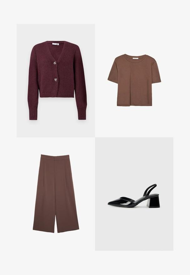 Burgunderfarbener Strickcardigan mit V-Ausschnitt, langen Ärmeln und zwei dekorativen blumenförmigen Knöpfen auf der Vorderseite. Kurz geschnittenes Design.; Braunes, kurzärmliges T-Shirt aus weichem Material mit rundem Halsausschnitt und lockerer Passform. Keine sichtbaren Muster oder Akzente.; Braune Weite-Leg-Hosen mit einer glatten Textur, hoher Taille und Vorderfalten. Der Stoff ist leicht und fällt locker.; Schwarze Lackleder-Slingback-High Heels mit spitzem Schuh und einem geometrischen Blockabsatz. Verfügt über ein schlankes, minimalistisches Design und eine glatte Textur.