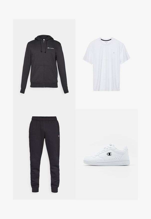 Felpa nera con zip, realizzata in tessuto morbido, dotata di cappuccio con cordino, tasche frontali e un piccolo logo bianco sulla parte sinistra del petto.; T-shirt bianca a girocollo realizzata in cotone, con maniche corte e un piccolo logo ricamato sulla parte sinistra del petto. Texture morbida.; Pantaloni della tuta in cotone neri con vita ed elastici alle caviglie. Presentano un dettaglio del logo sul lato. Texture liscia, design affusolato.; Sneakers atletici bianchi con pelle sintetica liscia, accento del logo nero e dettagli perforati sul lato. Suola in gomma.