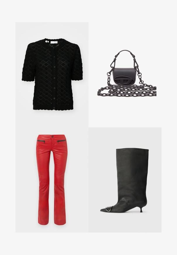 Schwarze Strickjacke mit strukturiertem Rautenmuster, kurzen Ärmeln, rundem Halsabschluss und einer durchgängigen Knopfleiste mit gewelltem Saum.; Weißes T-Shirt mit kurzen, puffartigen Ärmeln aus Spitze. Rundhalsausschnitt, weiche Textur und eine leicht lockere Passform. Markenetikett innen sichtbar.; Rote Lederhosen mit strukturiertem Finish, ausgestattet mit zwei Reißverschlusstaschen vorne und einem taillierten Schnitt, der sich am Knöchel leicht ausweitet.; Schwarze Leder-Ankle Boots mit spitzem Zehenbereich, kleinem Absatz und metallischen Akzenten an der Spitze. Sanfte, matte Textur im gesamten Schuh.; Kleine schwarze Handtasche aus glattem Leder, mit runder Form, Front-Logo-Akzent und einer strukturierten Kettenriemen.