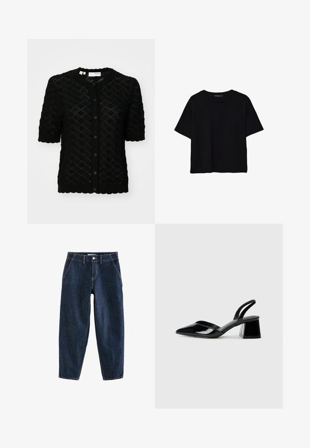 Schwarze Strickjacke mit strukturiertem Rautenmuster, kurzen Ärmeln, rundem Halsabschluss und einer durchgängigen Knopfleiste mit gewelltem Saum.; Schwarzes T-Shirt mit kurzen Ärmeln aus Baumwolle. Verfügt über einen runden Ausschnitt und einen lockeren Schnitt mit einer glatten, einfarbigen Textur. Keine sichtbaren Muster oder Akzente.; Dunkelblaue Denim-Hosen mit lockerer Passform, fünf Taschen, Knopfverschluss und sichtbaren Steppnähten.; Schwarze Lackleder-Slingback-High Heels mit spitzem Schuh und einem geometrischen Blockabsatz. Verfügt über ein schlankes, minimalistisches Design und eine glatte Textur.