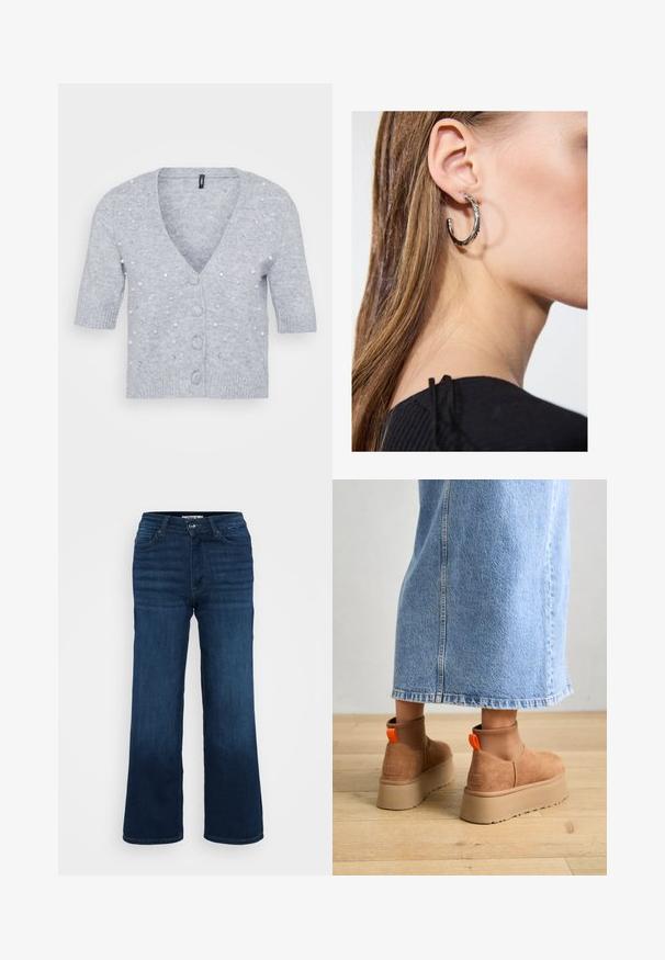 Lys grå cardigan med korte ermer, V-hals, frontknapper og pyntet med perle- og rhinesteindetaljer. Myk strikke tekstur.; Even&Odd Petite 2 PACK - Topper - light grey/black; ONLY Petite ONLMADISON BLUSH WIDE - Wide leg - dark blue denim; Brune semska plattformstøvler med elastiske sidepaneler og orange rekkehalser, parret med en knelange lys denimskjørt på et tregulv.; Sølv ringøredob med en polert finish, med små gull detaljer og en rund form, båret på øreflippen.