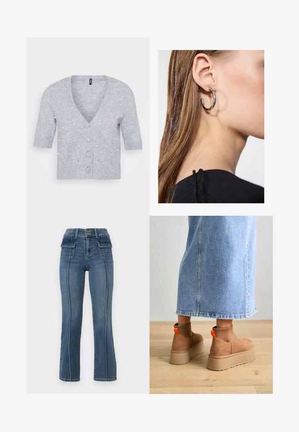 Cardigã cinza claro com mangas curtas, decote em V, botões na frente e adornado com detalhes de pérolas e strass. Textura de malha suave.; Even&Odd Petite 2 PACK - Top - light grey/black; ONLY Petite ONLWAUW MID WAIST FLARED - Calças de ganga à boca de sino - medium blue denim; Botas plataforma em camurça castanha com painéis laterais elásticos e puxadores laranja, combinadas com uma saia de ganga clara até ao joelho, em um chão de madeira.; Brinco de argola prateada com acabamento polido, apresentando pequenos detalhes em dourado e uma forma redonda, usado na orelha.