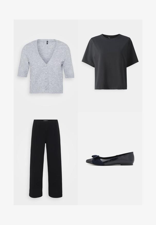 Lys grå cardigan med korte ermer, V-hals, frontknapper og pyntet med perle- og rhinesteindetaljer. Myk strikke tekstur.; Svart bomull T-skjorte, korte ermer, rund hals, avslappet passform, jevn tekstur, enkel design, ingen mønstre eller aksenter.; Svart bukser med vid benvidde og elastisk midjebånd. Laget av et strukturert materiale, med en løs passform og rett snitt fra hoftene til sømmen.; Marineblå ballerinaer med en blank patentfinish og en teksturert semsket sløyfe detalj på tåen, som har en avrundet tå og flat såle.