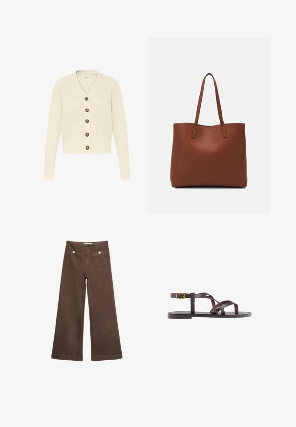 Kremno barvana pletena jopica z V-izrezom in šestimi rjavimi gumbi spredaj. Krojeni manšeti in pas, ki imata teksturiran vzorec.; Rjava kratka majica s kratkimi rokavi iz mehkega materiala, s krožnim izrezom in ohlapnim krojem. Brez vidnih vzorcev ali dodatkov.; Svetlo rjave široke hlače iz bombaža, ki vključujejo dva sprednja žepa s srebrnimi gumbi in gladko teksturo.; Rjav usnjen sandal z načinom prečnega črta, zaklepom okoli gležnja in ravnim podplatom z minimalnimi šivi.; Rjava usnjena torba z gladko teksturo, odprto zasnovo zgoraj in dvema naramnima trakovoma. Opremljena je z minimalnim šivanjem in brez vidnih kovinskih delov.