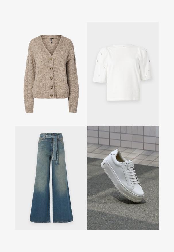 Beige kabelstrikket cardigan med v-hals, knapper foran og ribbestrikkede mansjetter. Har seks brune knapper og strukturert stoff.; Hvit bomull T-skjorte med korte pufferm, med små sølvdekorasjoner langs ermene. Klassisk rund hals, avslappet passform.; Bredde ben jeans med en lyseblå til mørkeblå gradient, høyt liv, beltehemper og et matchende belte i samme stoff. Teksturert denimoverflate.; Hvite lær sneakers med lav toppdesign, flate lisser, avrundet tå og teksturerte sider. Tykk gummisåle med subtile detaljer.