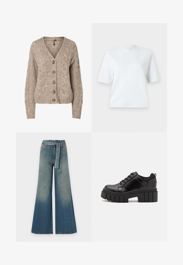 Kremas spalvos megztinis su pynimo raštu, V formos iškirptės, su sagomis priekyje ir briaunuotomis rankogalių apykaklėmis. Yra šešios rudos sagos ir tekstūruota audinio faktūra.; Šviesiai mėlyna trumpomis rankovėmis marškinėliai, pagaminti iš minkštos medvilnės. Turi klasikį apvalų iškirpimą ir laisvą siluetą, be raštų ar akcentų.; Platus džinsinis kelnes su šviesiai tamsiai mėlynu gradientu, aukštu juosmeniu, diržo kilpomis ir atitinkančiu audinio diržu. Textūruotas džinsinis paviršius.; Juodi odiniai platformos batai su masyviu blokuota kulniuku, apvalia nosimi ir tradiciniu šnypštimo dizainu. Turintys glotnų paviršių ir minimalų dekoravimą.