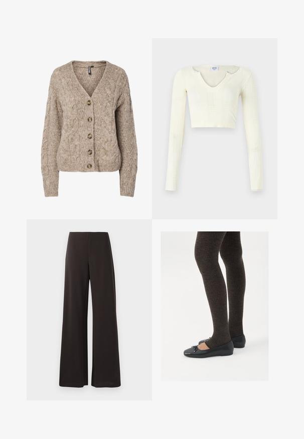 Beżowy kardigan z grubym splotem, dekoltem w serek, zapinany na guziki i z prążkowanymi mankietami. Posiada sześć brązowych guzików i teksturowaną tkaninę.; Top typu crop w off-white dzianinie. Długie rękawy o prążkowanej teksturze oraz małe wycięcia wokół dekoltu.; Czarne spodnie o szerokich nogawkach wykonane z gładkiego, elastycznego materiału. Posiadają wysoki stan oraz czysty, minimalistyczny design bez widocznych zapięć.; Czarne płaskie buty z małym kokardkowym detalem na palcach, zestawione z ciemnobrązowymi rajstopami w prążki. Buty mają gładką teksturę i niski profil.