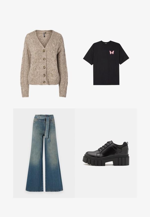 Bézs színű, kötött kardigán V-nyakrésszel, gombolható elülső rész és bordázott mandzsetták. Hat barna gombbal és texturált anyaggal rendelkezik.; Fekete pamut póló rövid ujjakkal, bal mellkason egy kis rózsaszín pillangó grafikával. Kerek nyakú kialakítás, laza fazonnal.; Bőszárú farmernadrág, világos és sötétkék árnyalatokkal, magas derekú, övgyűrűkkel és a nadrággal megegyező anyagú övvel. Textúrált farmer kivitel.; Fekete bőr platform cipők vaskos blokk sarkakkal, kerek orral és hagyományos fűzős kialakítással. Simára csiszolt felület és minimális részletezés jellemzi.