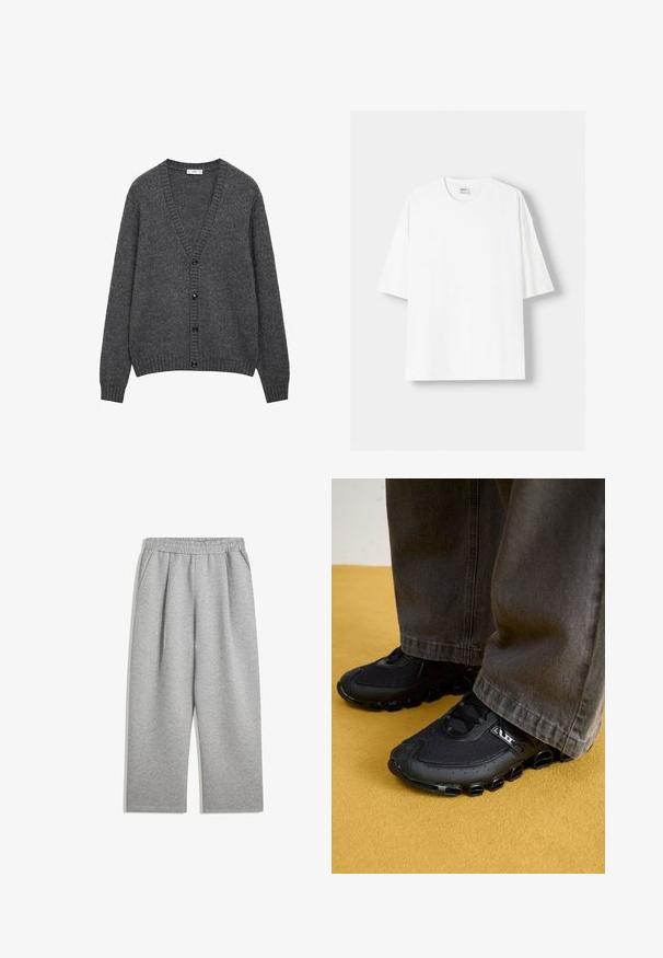 Siv pulover izdelan iz teksturiranega pletenega materiala. V-izrez s šestimi črnimi gumbi spredaj. Pletene manšete in rob.; Bela kratka majica s kratkimi rokavi iz bombaža, s krožnim izrezom in sproščenim krojem. Gladka tekstura, brez vidnih vzorcev ali poudarkov.; Svetlo sivi trenirke z elastičnim pasom in stranskimi žepi, ravnega kroja, narejene iz mehke tkanine.; Črne športne čevlje z mrežasto zgornjim delom, ukrivljenim podplatom in značilnimi zaobljenimi detajli. Pairsani s temnimi, ohlapnimi hlačami.