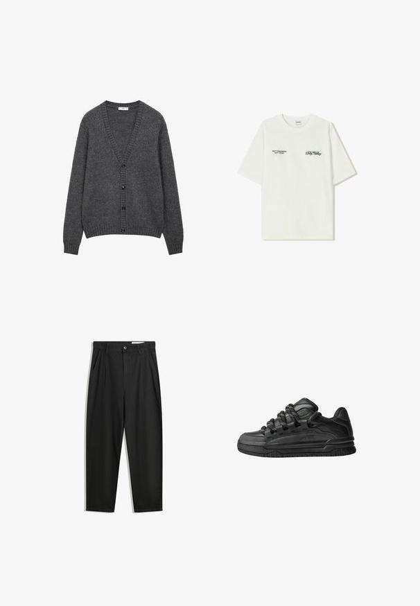 Szary kardigan wykonany z teksturowanej dzianiny. Dekolt w kształcie litery V z sześcioma czarnymi guzikami z przodu. Żebrowane mankiety i dół.; Biała bawełniana koszulka z krótkim rękawem. Z przodu znajduje się czarny napis: „NIE JUTRO, NIE DZIŚ” oraz „SZTUKA RUCHU BRUDU” w zielonym skrypcie.; Czarne bawełniane spodnie o luźnym kroju, z klasycznym pasem, przednimi plisy oraz bocznymi kieszeniami. Gładka struktura, bez wzorów.; Czarne sneakersy z gładką skórzaną cholewką, teksturowanymi akcentami i okrągłymi czarno-białymi sznurowadłami. Gruba gumowa podeszwa z wzorzystym bieżnikiem.