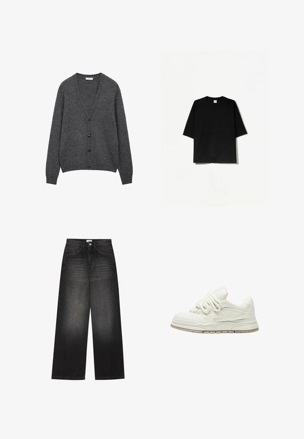 Grau Kardigan aus strukturiertem Strickstoff. V-Ausschnitt mit sechs schwarzen Knöpfen auf der Vorderseite. Gerippte Bündchen und Saum.; Schwarzes T-Shirt mit kurzen Ärmeln und rundem Halsausschnitt, aus weichem Stoff gefertigt, mit einem lockeren, kastigen Schnitt und minimalistischem Design.; YOURTURN UNISEX - Baggy Jeans - black denim; Weiße Sneakers mit einer strukturierten Oberfläche und auffälligen Schnürsenkeln. Sie verfügen über eine dicke, geschichtete Sohle und dezente Designelemente an den Seiten.