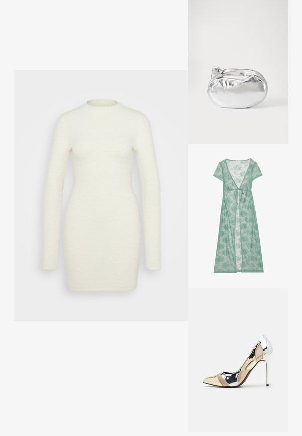 Lang, grønn blomsterlakkdeksel med korte ermer, dyp V-hals og knytelukking i midjen. Lett og semi-gjennomsiktig tekstur.; Langermet kjole laget av myk, teksturert hvit stoff; tettsittende silhuett med rund hals og glatt finish, som strekker seg til midten av låret.; Spiss-tå høyhælte sko med en fargekomposisjon av sølv, gull og nude. Glanset overflate med utskjæringsdesign, med en stiletto hæl.; Sølvfarget metallisk poseveske med en myk, avrundet form og en knyttet topplukking. Laget av glatt imitert skinn.