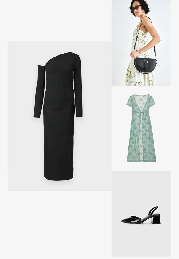 Dlhý, zelený kvetinový čipkový plášť s krátkymi rukávmi, hlbokým V-výstrihom a viazaním v páse. Ľahký a polopriesvitný materiál.; Čierne, priliehavé, dlhé šaty s asymetrickým výstrihom a zozbieraným detailom na boku, vyrobené z rebrovanej látky.; Čierne lakované kožené sandálové podpätky s špicatou špičkou a geometrickým blokovým podpätkom. Disponujú elegantným, minimalistickým dizajnom a hladkým povrchom.; Čierna kožená kabelka s zaobleným tvarom, odnímateľným popruhom a zlatými doplnkami. Kabelka má klopu s detailom s prackou.