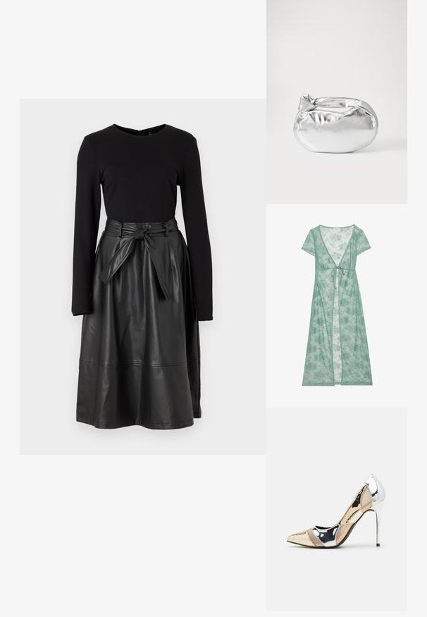 Dlouhý, zelený květinový krajkový plášť s krátkými rukávy, hlubokým výstřihem do V a zavazováním v pase. Lehce a poloprůhledná textura.; Černý dlouhý rukáv top doplněný černou sukní z umělé kůže s uvázaným páskem a hladkým, lesklým povrchem.; Lodička s špičatou špičkou a kombinací stříbrné, zlaté a tělové barvy. Lesklý povrch s vykrojeným designem, s jehlovým podpatkem.; Stříbrná kovová taška s měkkým, zaobleným tvarem a uzávěrem s uzlem. Vyrobena z hladké umělé kůže.