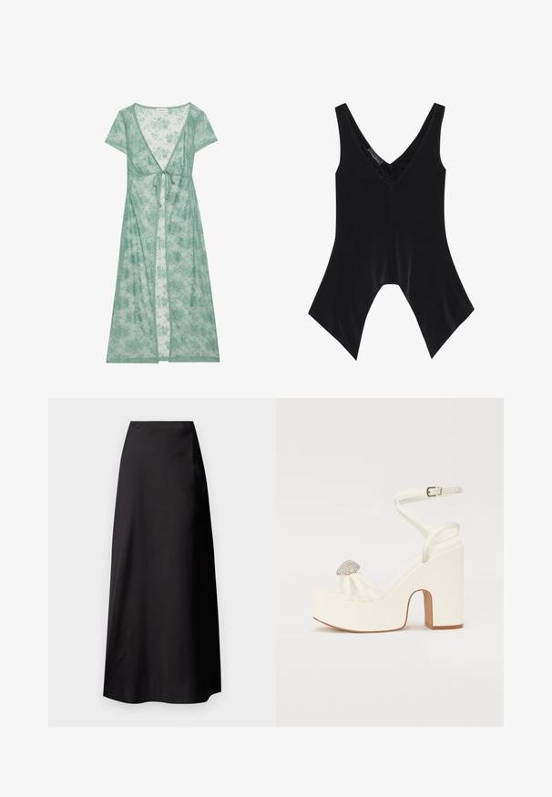 Langer, grüner, floraler Spitzenüberwurf mit kurzen Ärmeln, tiefem V-Ausschnitt und einer Bindeschließe in der Taille. Leichter und halbtransparenter Stoff.; Schwarzes ärmelloses Top mit V-Ausschnitt, das mit Spitze am Ausschnitt und einem markanten, ausgestellten Saumdesign verziert ist. Hergestellt aus weichem, glattem Stoff.; Schwarzer Satin-Maxirock mit glatter Textur, hoch tailliertem Design, fließender Silhouette und ohne sichtbare Muster oder Hardware-Details.; Weiße Sandalen mit Absatz und Plattformsohle, ausgestattet mit dünnen Riemen und einem mit Strass verzierten Akzent an der Vorderseite. Glatte Textur und Blockabsatz.