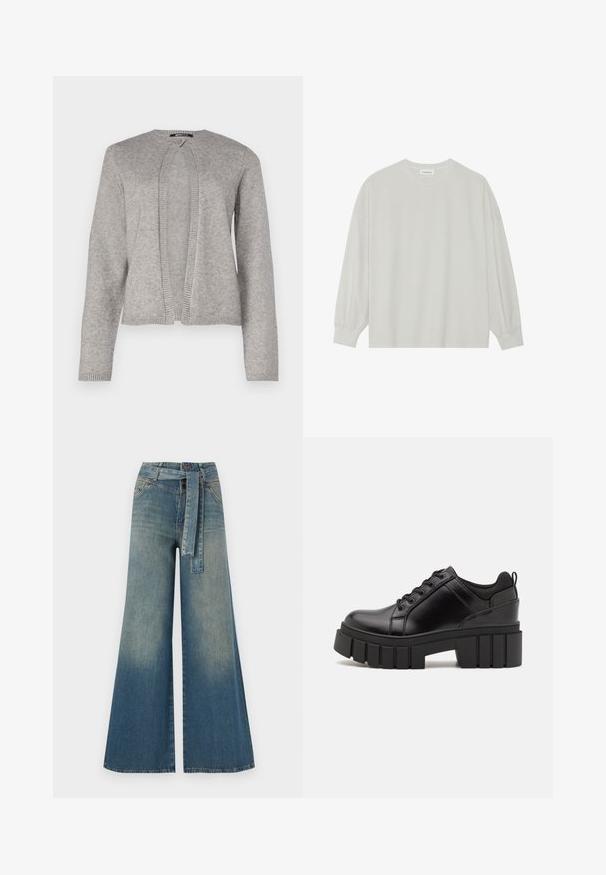 Pilkas kardiganas pagamintas iš minkštos mezginio medžiagos, turintis apvalią iškirptę, atvirą priekinį dizainą ir raukšlėtus akcentus ant rankovių ir apatinės dalies.; Šviesiai pilkas ilgomis rankovėmis marškinėliai, pagaminti iš minkštos medvilnės. Sukurtas laisvam prigludimui, apvaliu iškirpimu ir švelniai susigūžusiomis rankovėmis. Be raštų ar piešinių.; Platus džinsinis kelnes su šviesiai tamsiai mėlynu gradientu, aukštu juosmeniu, diržo kilpomis ir atitinkančiu audinio diržu. Textūruotas džinsinis paviršius.; Juodi odiniai platformos batai su masyviu blokuota kulniuku, apvalia nosimi ir tradiciniu šnypštimo dizainu. Turintys glotnų paviršių ir minimalų dekoravimą.