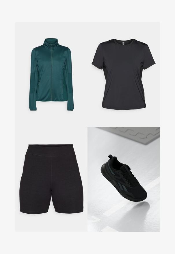 Tīrkīza krāsas rūpīgi pieguļoša jaka ar rāvējslēdzēja aizdari, izgatavota no gluda auduma, ar garām piedurknēm, augstu apkakli un divām rāvējslēdzēja kabatām priekšpusē. Piedurkņu malās ir teksturēti akcenti.; Melnā īsām piedurknēm T-kreklā, kas izgatavots no gludas, vieglas auduma ar apaļu kakla izgriezumu un brīvu piegriezumu. Bešuvju konstrukcija komfortam.; Melni riteņbraukšanas šorti ar augstu jostasvietu, izgatavoti no elastīga, mīksta auduma. Iezīmē plakanas šuves un gludu tekstūru komfortam.; Melnas sporta kedas ar sietu augšpusi, ar teksturētām akcentiem un plakanu zoles formu. Iekļauta toņu zīmola nosaukuma atzīme un cilpa uz papēža.