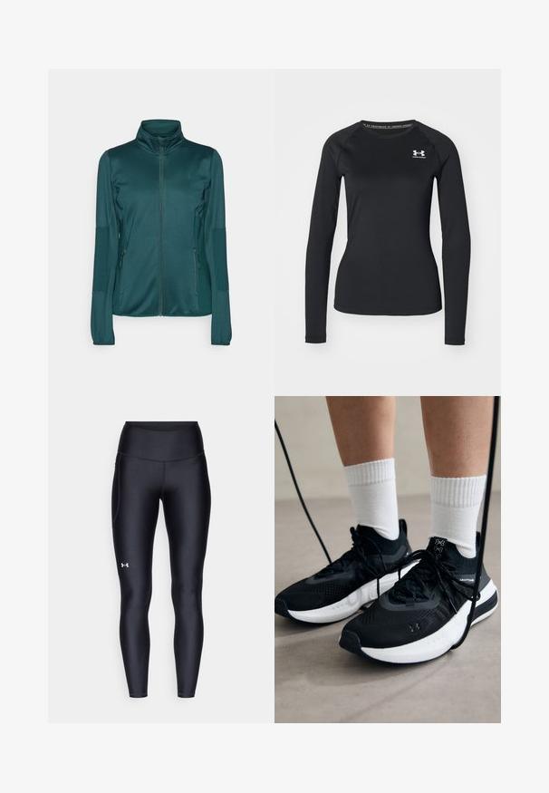 Zielona kurtka na zamek z gładkiego materiału, z długimi rękawami, wysokim kołnierzem i dwiema zasuwanymi kieszeniami z przodu. Teksturowane akcenty na rękawach.; Czarna, długosleeve'owa koszulka sportowa z gładkiego materiału, z okrągłym dekoltem i małym białym logo na lewej piersi.; Czarne legginsy wykonane z gładkiego, elastycznego materiału z wysokim stanem. Posiadają białe logo na lewym udzie oraz dopasowany krój.; Czarne buty sportowe z teksturowanym materiałem, białą podeszwą i czarnymi sznurowadłami. Nosi je osoba w białych skarpetkach w prążki, stojąca na jasnej powierzchni.