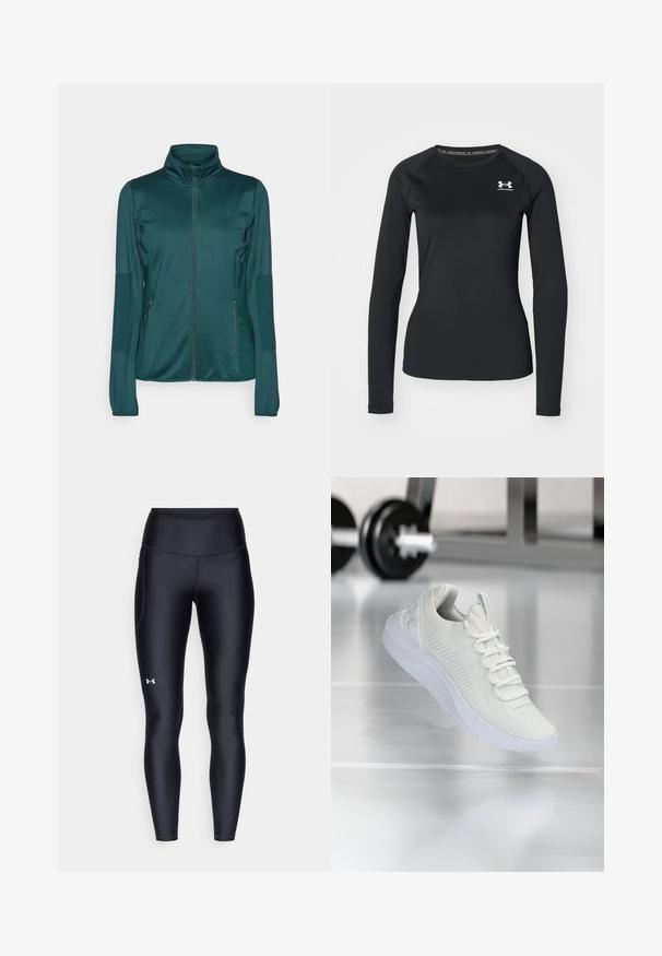 Jaqueta azul-petróleo com fecho éclair, feita em tecido suave, com mangas longas, colar alto e dois bolsos frontais com fecho éclair. Detalhes texturizados nas mangas.; Camisola atlética de manga longa preta, feita de tecido suave, com decote redondo e um pequeno logótipo branco no lado esquerdo do peito.; Leggings pretos feitos de material liso e elástico, com uma cintura alta. Apresentam um logotipo branco na coxa esquerda e um design ajustado.; Sapatilha atlética branca com um cabedal em malha texturizada e sistema de atacadores, apresentando uma sola branca acolchoada e sutis acentos ribateados.