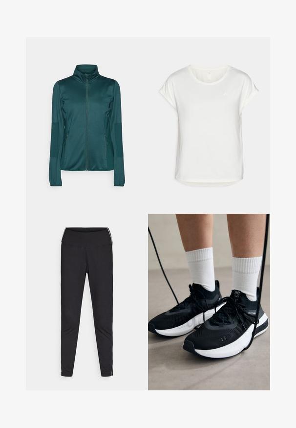 Tirkizna jakna sa zipom izrađena od glatkog materijala, sa dugim rukavima, visokim ovratnikom i dva zipana prednja džepa. Teksturalni detalji na rukavima.; Bijela majica s kratkim rukavima i okruglim izrezom, od glatkog materijala. Ima podvrnute rukave i suptilan detalj s logotipom na prsima.; Crne tajice napravljene od rastezljivog materijala. Visok struk, sužen kroj, s bijelim bočnim trakama duž vanjskih šavova. Glatka tekstura.; Crne atletske cipele s teksturiranim materijalom, bijelim potplatima i crnim vezicama. Nosene s bijelim rebrastim čarapama, stojeći na svijetloj površini.