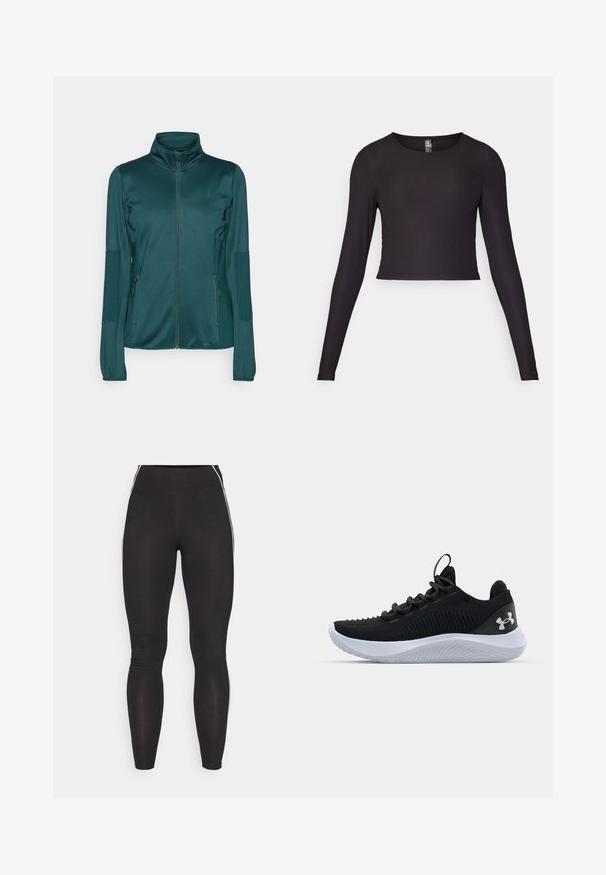 Giacca zip-up teal realizzata in tessuto morbido, con maniche lunghe, collo alto e due tasche frontali con zip. Dettagli testurizzati sulle maniche.; Top cropped a maniche lunghe nero realizzato in tessuto a coste. Presenta un collo rotondo e una silhouette aderente con superficie strutturata.; Leggings neri realizzati in materiale elasticizzato con una vita alta. Presentano strisce laterali bianche e una texture liscia su tutta la superficie.; Scarpe sportive nere con una tomaia in mesh traspirante, dettagli testurizzati e una suola in gomma bianca. Presentano lacci piatti e un passante sul tallone.