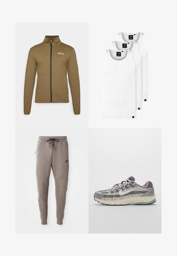 Brown zip-up jacket made of smooth, lightweight fabric with a high collar and black zipper. Features a small logo on the chest.; Three white ribbed tank tops made of cotton. Features a crew neck and small black labels near the hem. Available in multiple sizes.; Gray Nike sweatpants with a drawstring waistband, tapered legs, side pockets, and distinct seam detailing. Soft, textured fabric.; Gray athletic shoe featuring a mesh and suede upper, white accents, a cushioned sole, and a distinctive design with reflective elements.