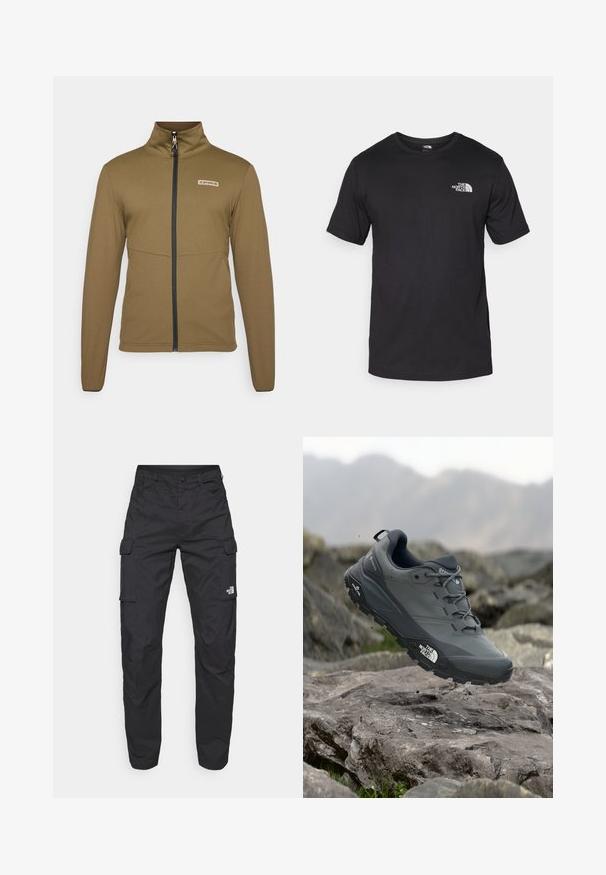 Giacca marrone con zip realizzata in un tessuto leggero e liscio, con colletto alto e zip nera. Presenta un piccolo logo sul petto.; T-shirt nera a maniche corte in cotone, con scollatura rotonda e un piccolo logo bianco nell'area superiore sinistra del petto.; The North Face EXPLORATION PANTS - Pantaloni cargo - black; Scarpa da trail running grigia con tomaia testurizzata, suola in gomma resistente e punta rinforzata. Presenta lacci e logo del marchio sul lato.