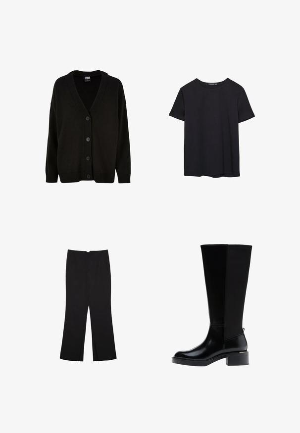 Črn pleteni kardigan z V-izrezom, rebrastimi manšetami in robom. Ima šest sprednjih gumbov in nekoliko ohlapen kroj za udobje.; Enostavna črna bombažna majica s kratkimi rokavi in okroglim izrezom, prikazana na belem ozadju.; Črne hlače ravnega kroja z naglavnimi žepi in stranskimi razporki na robu. Narejene iz mehke, gladke tkanine. Primerne za različne priložnosti.; Črni škornji do kolen z gladkim usnjenim zaključkom, izrazitim šivanjem, robustnim petnim delom in teksturirano zadnjo ploščo za dodatno zanimivost.